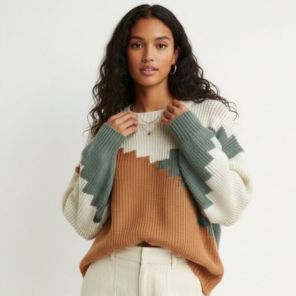 North End Colorblock Chunky Knit Sweater Womens L Multicolor Cozy Southwestern - Picture 2 of 8